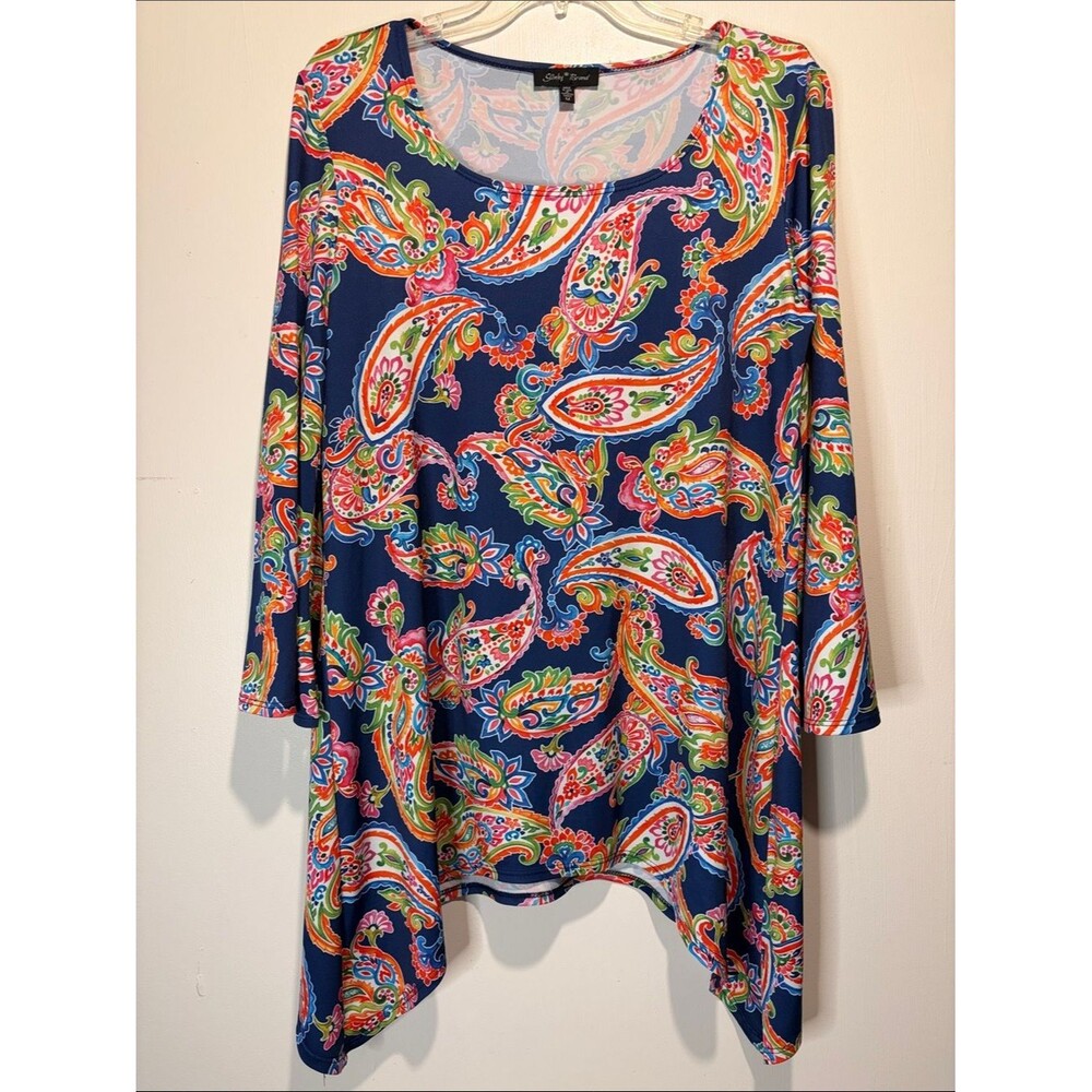 Slinky Brand Paisley 3/4 Bell Sleeves Sharkbite Hem Colorful Scoop Neck Top M